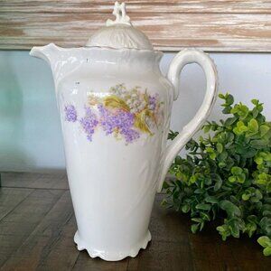Antique Hot Chocolate Pot Unmarked Purple Flowers with Lid